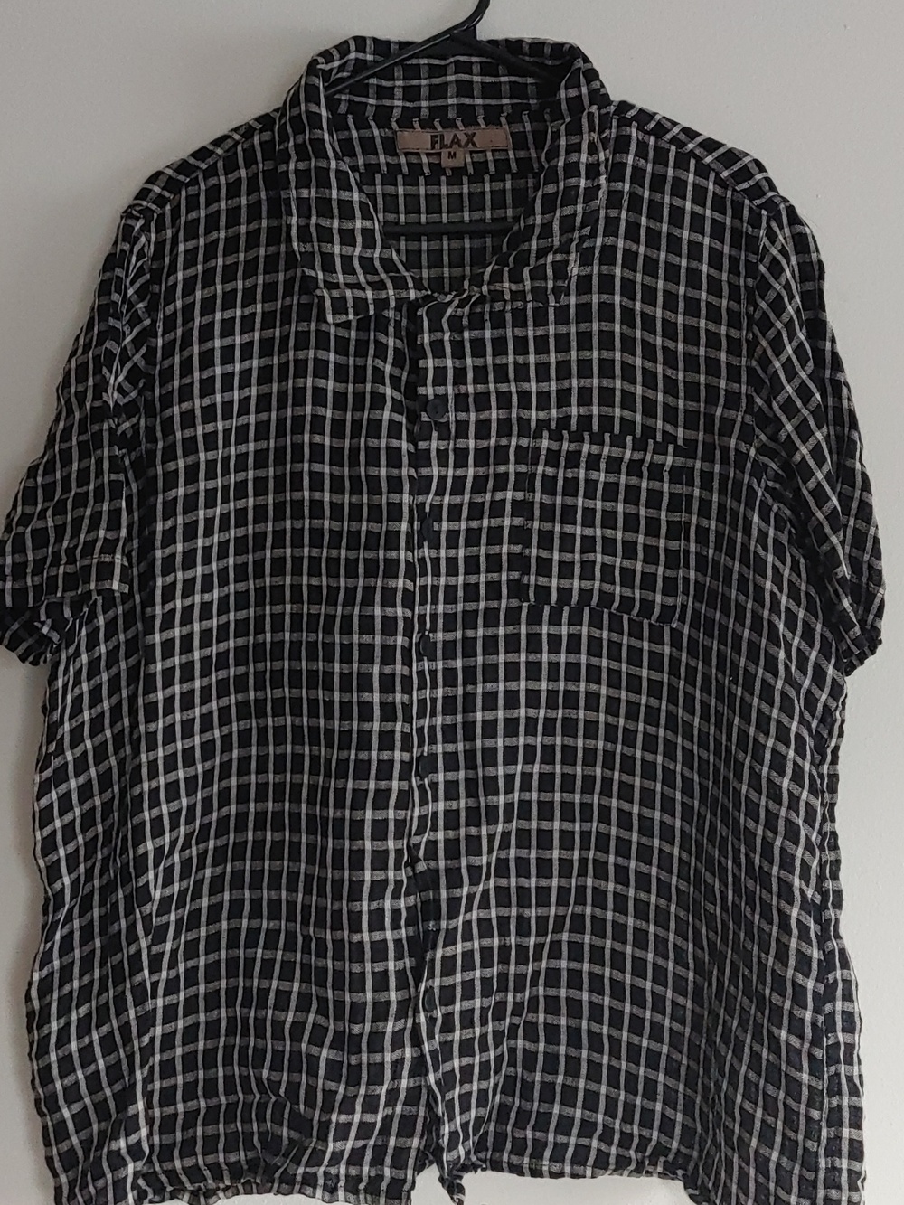 Flax Linen Casual Button Down. Size M. Checkered Pattern Black And White